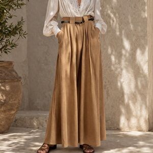 High-Waist Wide Leg Pants in Camel with belt.